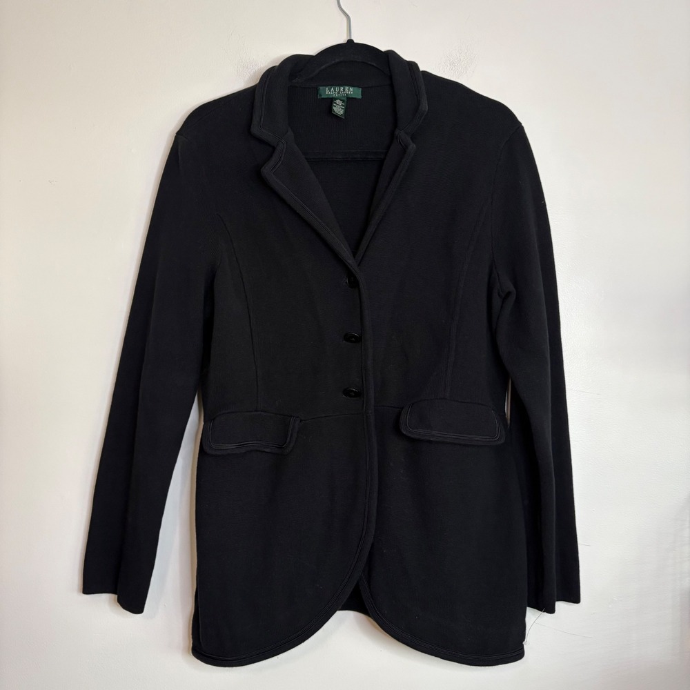 Lauren Ralph Lauren Petite Black Knit Blazer Jacket 100 Cotton Size PL Office